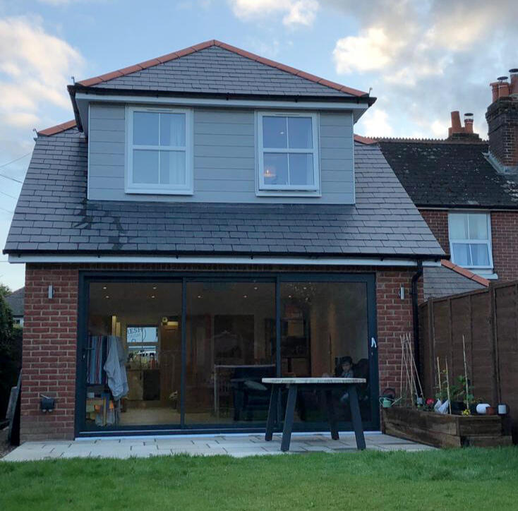 Open plan living extension, with sliding doors